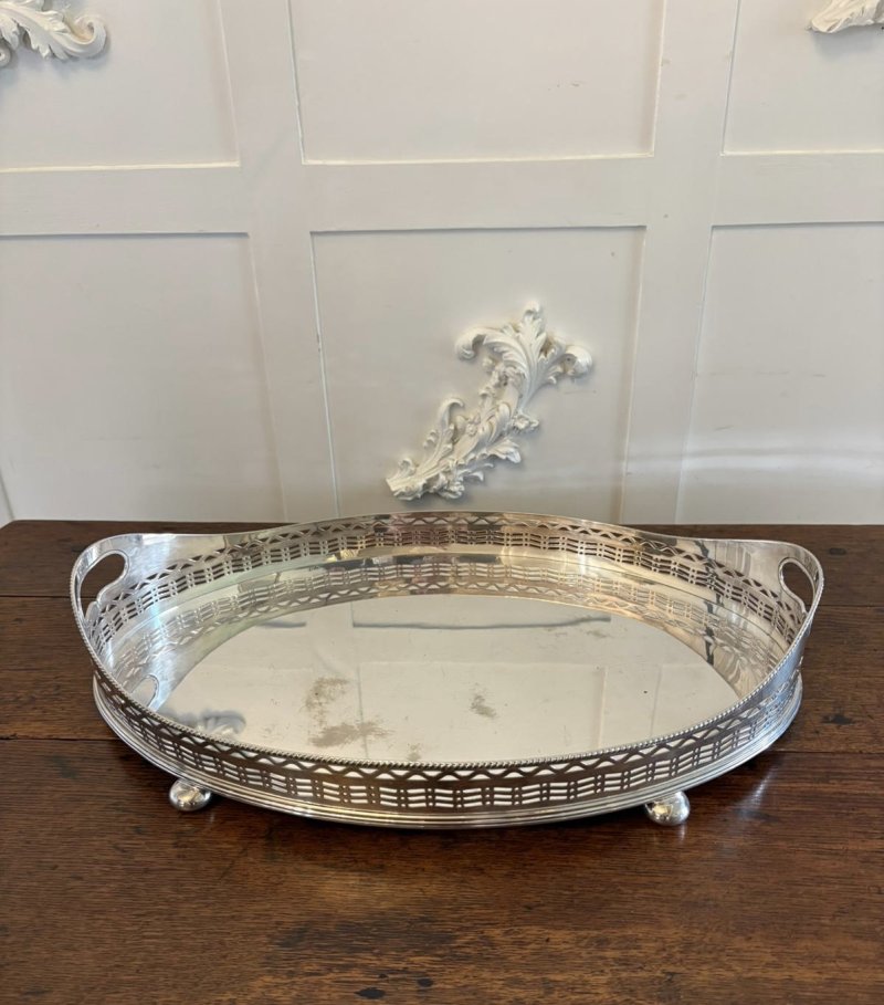 Antique Large Edwardian Silver Plated Oval Gallery Cocktail / Decanter Tray with Handles